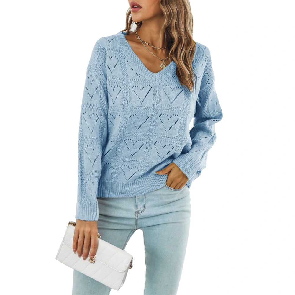 Women Long Sleeve Knitwear V Neck Plain Pattern Plaid Heart Hollow Casual Knit Pullover Top Autumn Sweater Light Blue L