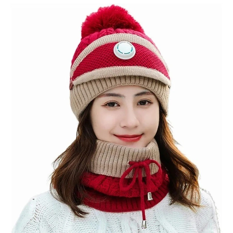 3Pcs Knitted Hat Scarf Mouth Muffle Soft Cotton Windproof Winter Beanie Face Cover Warm Set Red Free Size