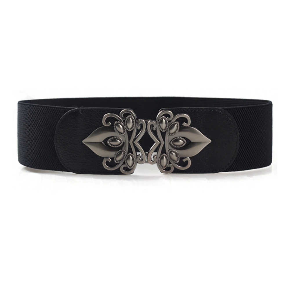 Women Waist Belt Retro Fashionable Metal Buckle Stretchy Elastic Wide Women Waist Belt Black