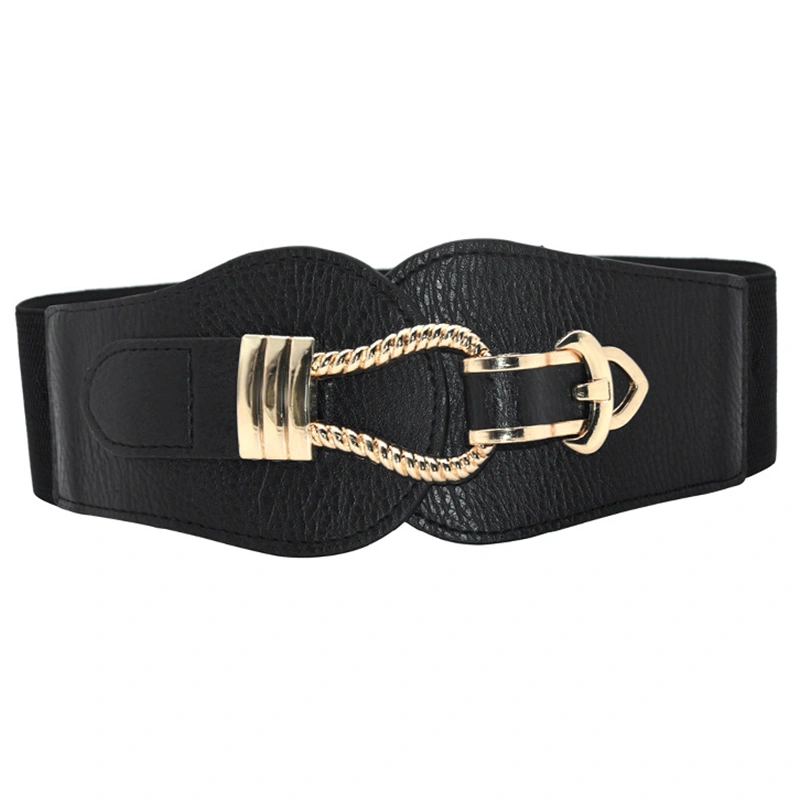 Women Wide Waist Belt Elastic Simple Elegant Fashion Stretchy Vintage Dress Belt for Dress Decoration Gold Buckle Black