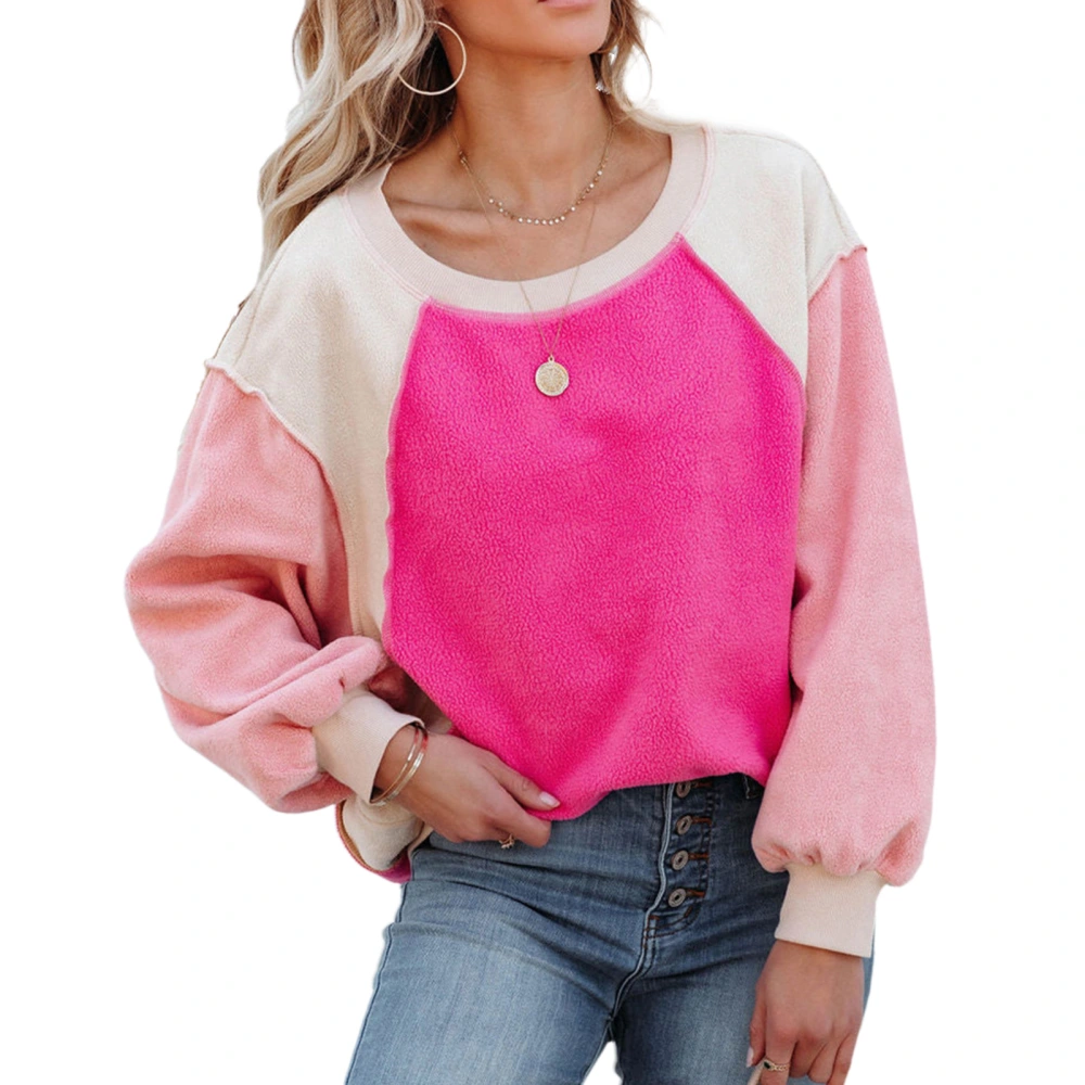 Women Crewneck Fuzzy Fleece Sweatshirt Casual Fashionable Long Puff Sleeve Color Block Pullover Tops Rose Red M