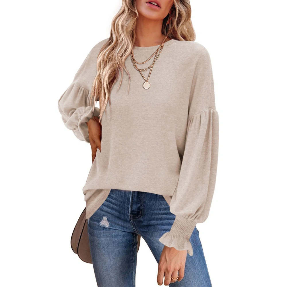 Women Long Sleeve T Shirt Crew Neck Pure Color Loose Shirt Top Blouse for Work Business Office Dating Apricot XXL