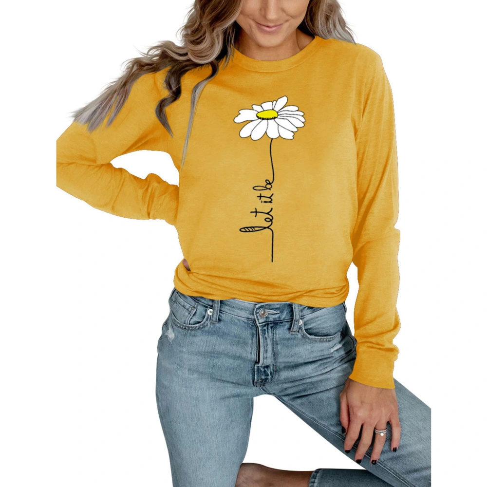 Long SLeeved Shirt Printed Round Neck Casual Fit Fashionable Elegant Women T Shirt for Dating Yellow M