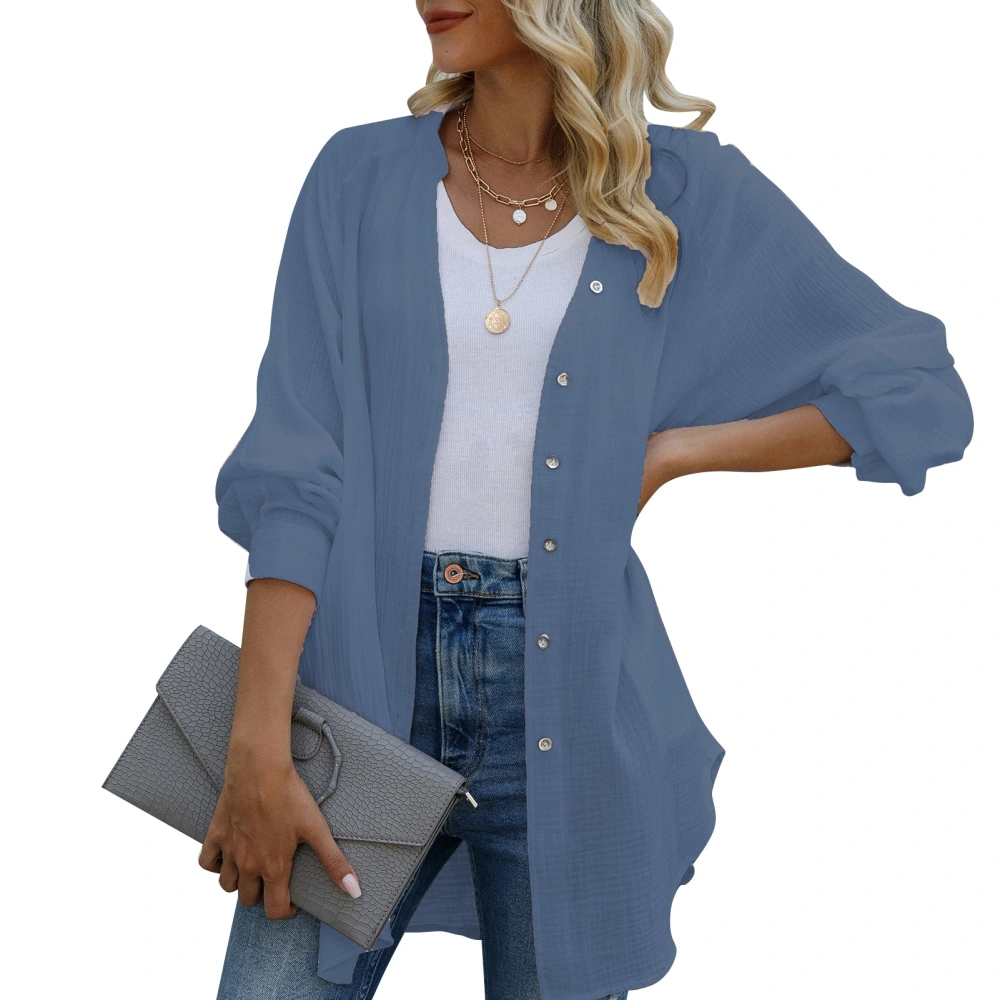 Women Open Front Top Single Breasted Long Sleeve V Neck Pure Color Loose Breathable Outerwear Blue L