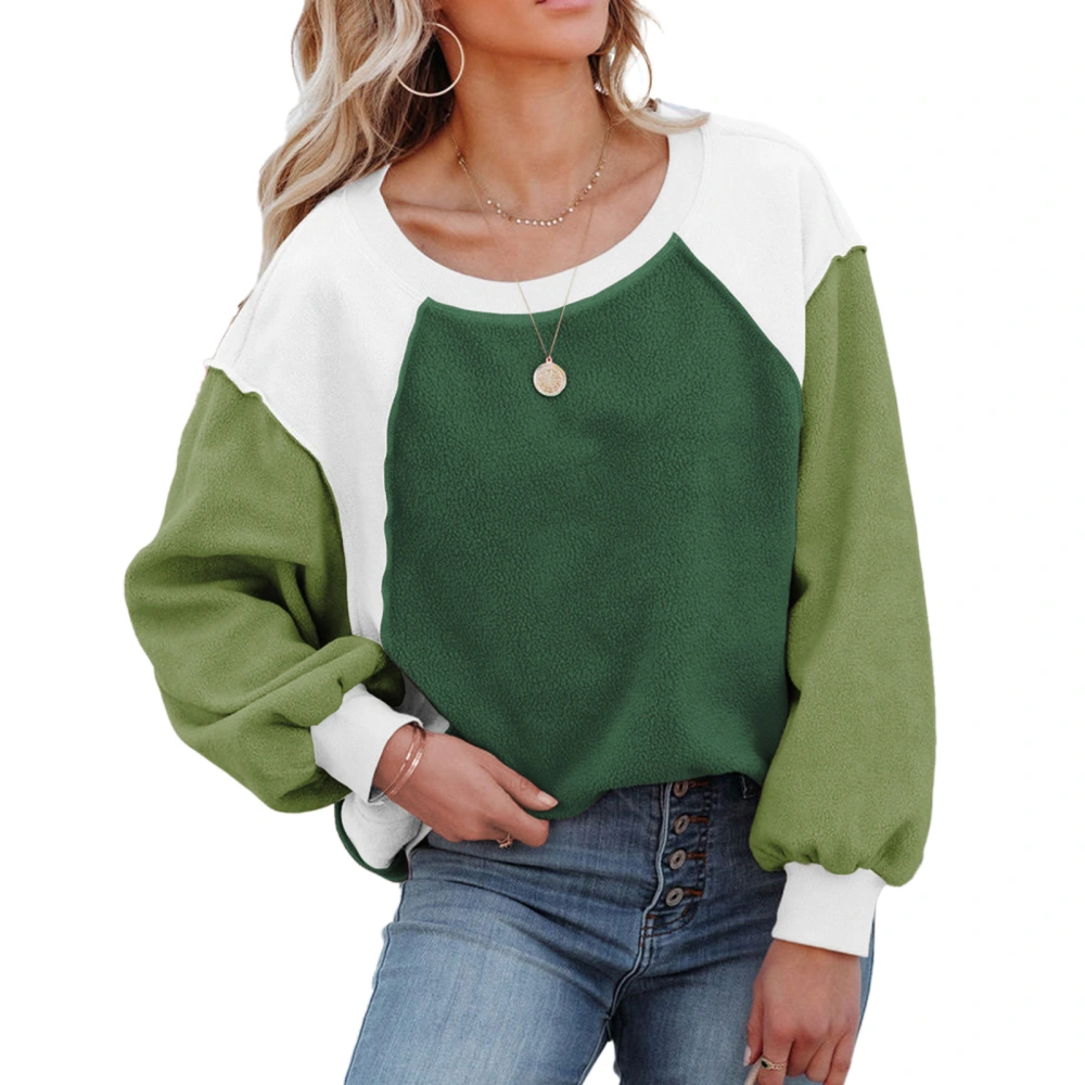 Women Crewneck Fuzzy Fleece Sweatshirt Casual Fashionable Long Puff Sleeve Color Block Pullover Tops Green XXL