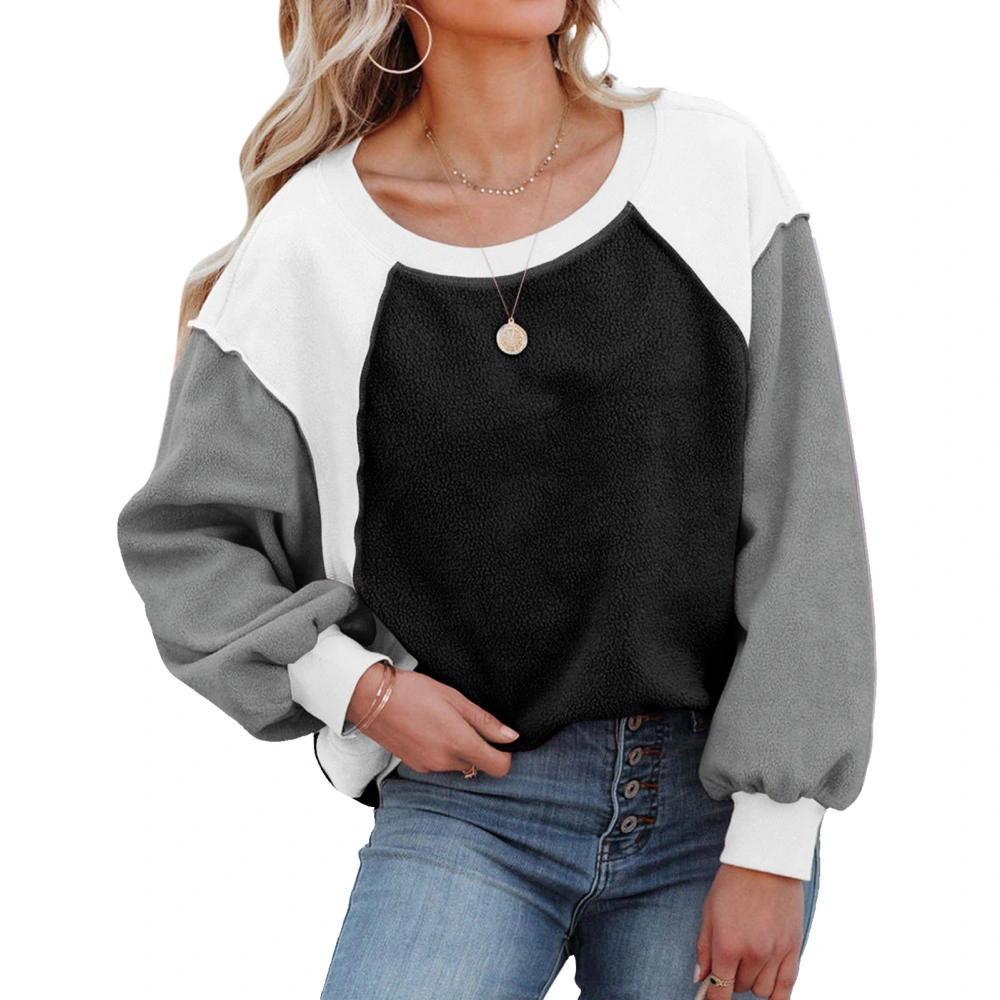 Women Crewneck Fuzzy Fleece Sweatshirt Casual Fashionable Long Puff Sleeve Color Block Pullover Tops Black S