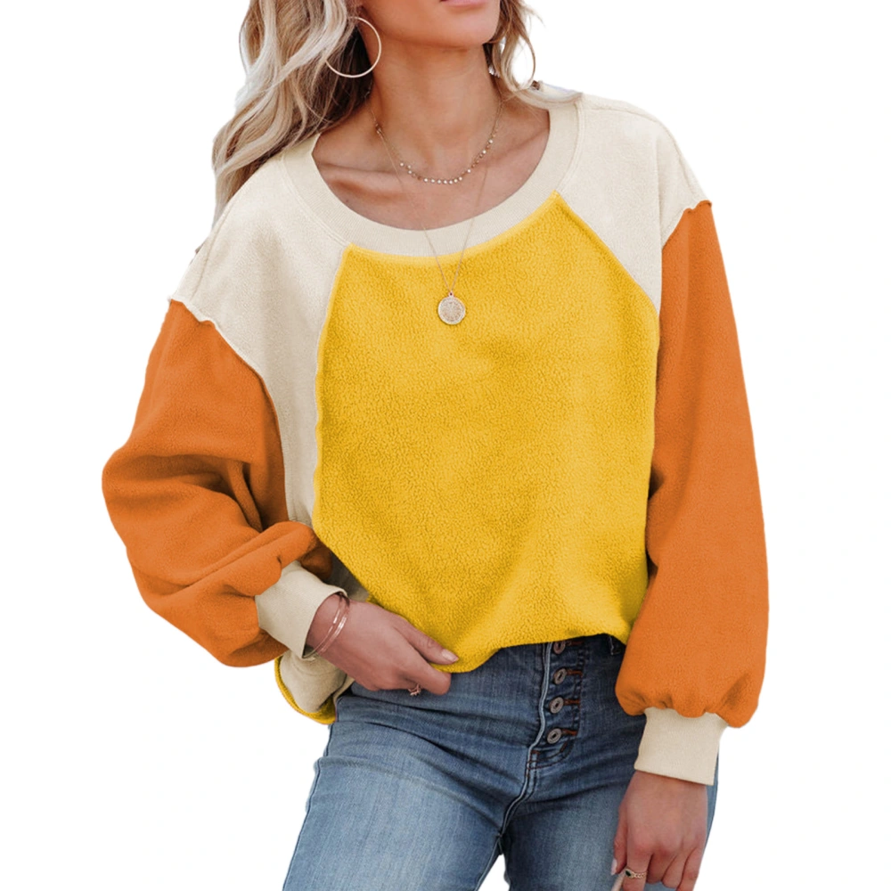 Women Crewneck Fuzzy Fleece Sweatshirt Casual Fashionable Long Puff Sleeve Color Block Pullover Tops Yellow L