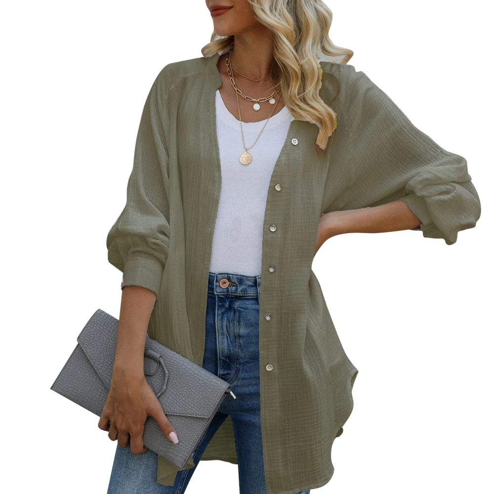 Women Open Front Top Single Breasted Long Sleeve V Neck Pure Color Loose Breathable Outerwear OD Green XXL