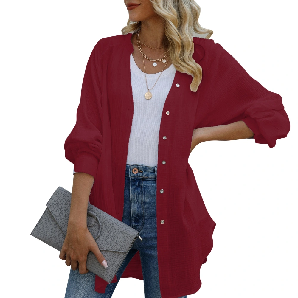 Women Open Front Top Single Breasted Long Sleeve V Neck Pure Color Loose Breathable Outerwear Wine Red M