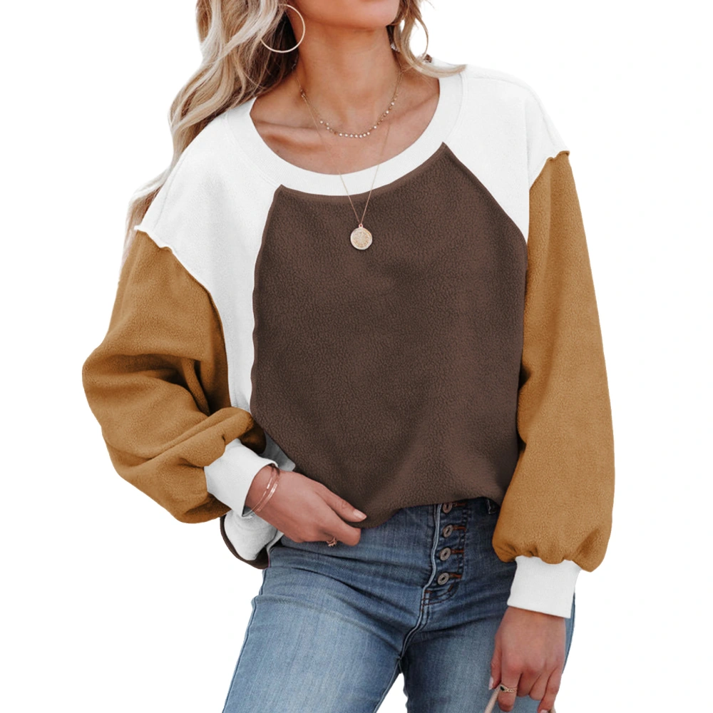 Women Crewneck Fuzzy Fleece Sweatshirt Casual Fashionable Long Puff Sleeve Color Block Pullover Tops Coffee M