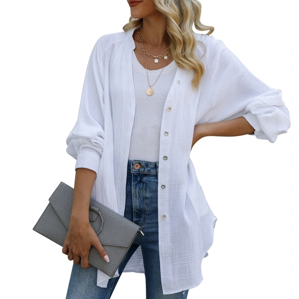 Women Open Front Top Single Breasted Long Sleeve V Neck Pure Color Loose Breathable Outerwear White L