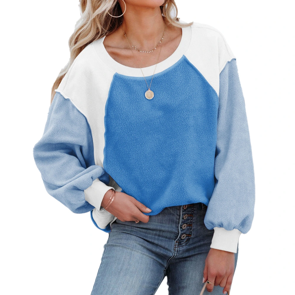 Women Crewneck Fuzzy Fleece Sweatshirt Casual Fashionable Long Puff Sleeve Color Block Pullover Tops Skyblue XL