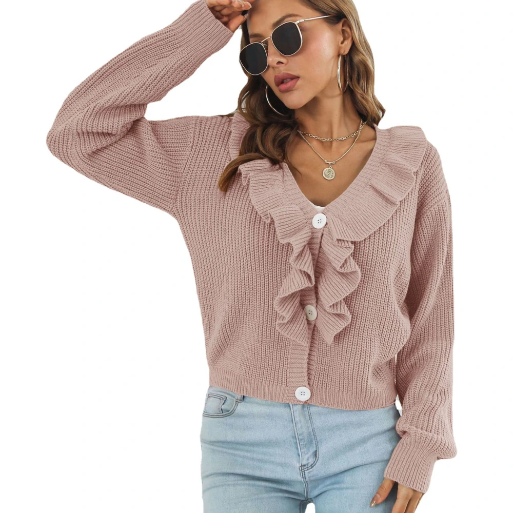 Women Ruffle Sweater V Neck Loose Comfortable Fashionable Female Knit Sweater for Working Dating Pink M