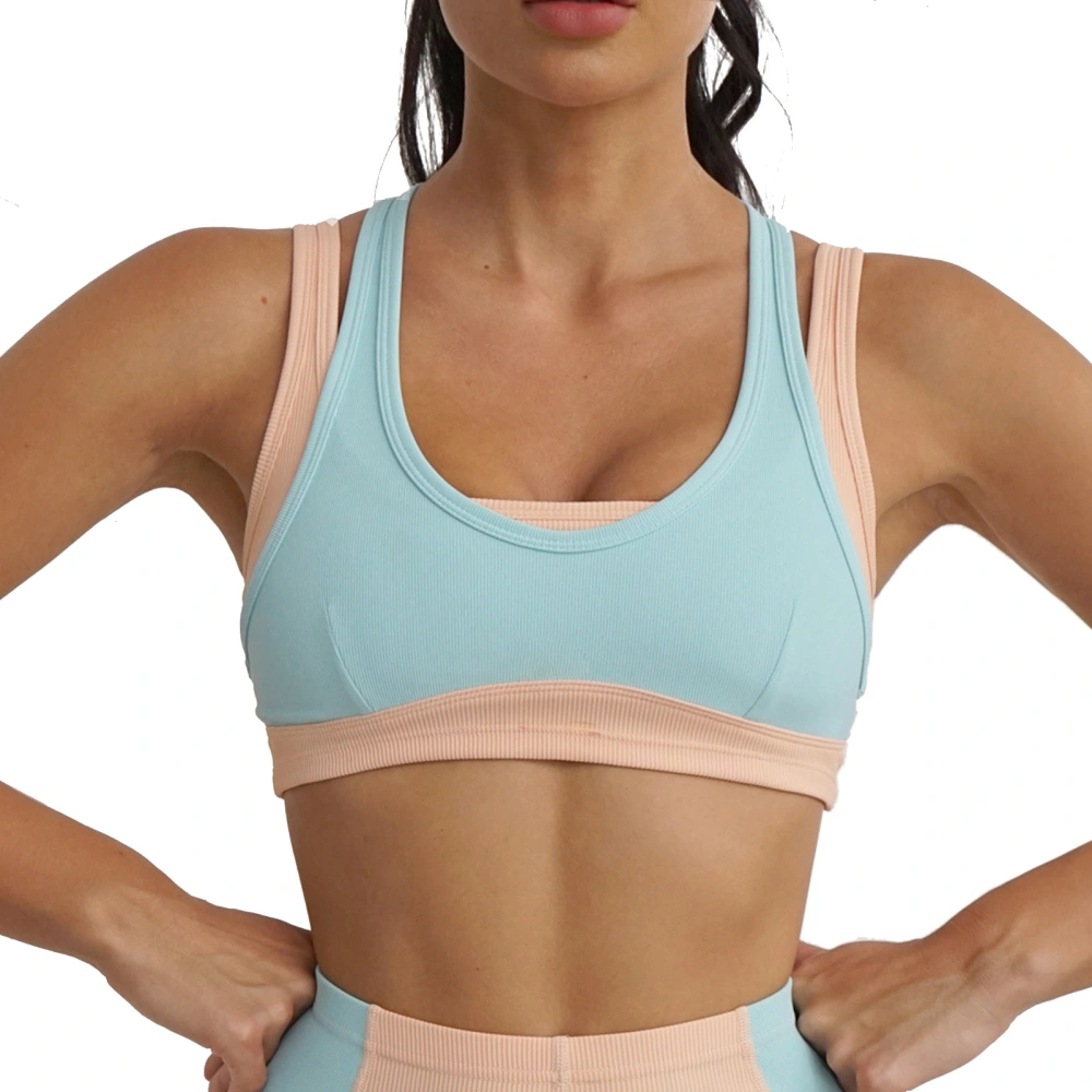 Women Yoga Bra U Neck Color Contrast Straps Y Shape Back Sports Support Bra with Chest Pad Blue Pink L