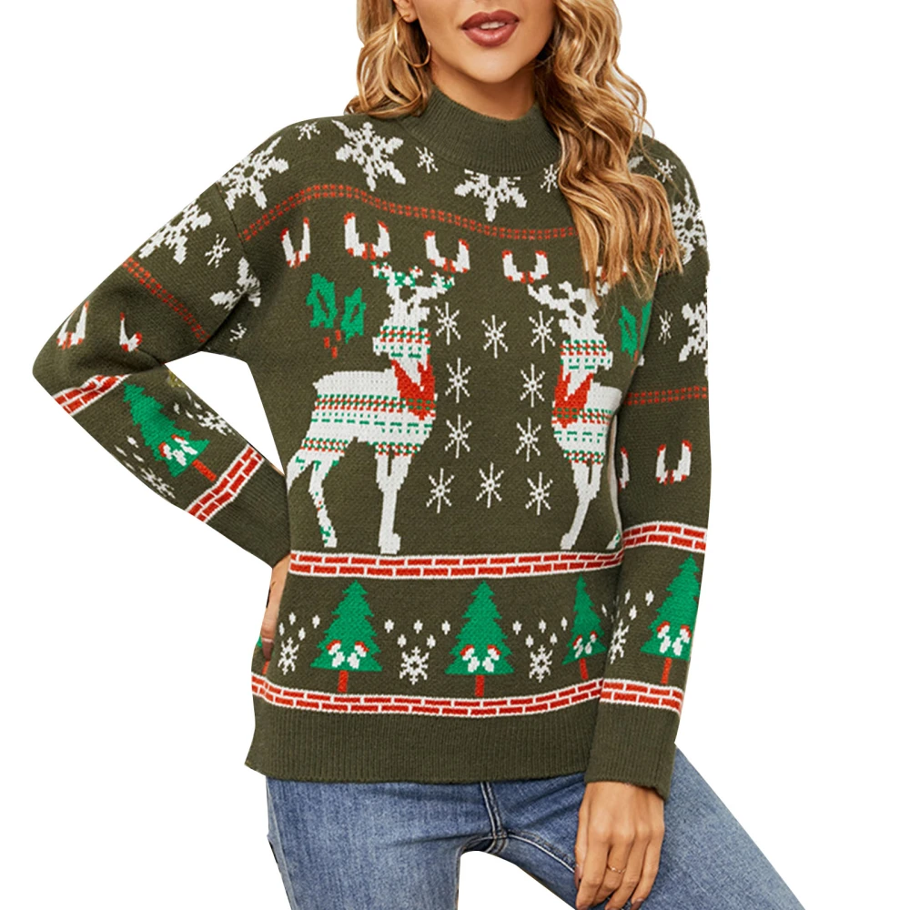 Women Christmas Sweater Round Neck Cute Reindeer Snowflake Tree Pattern Light Warm Acrylic Christmas Knit Pullover Top Green S