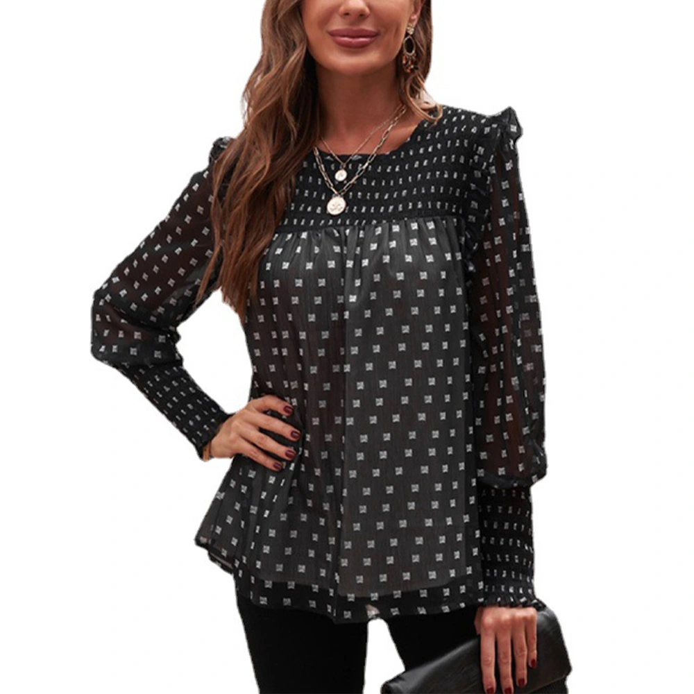 Women Shirt Puff Long Sleeve Ruffle Dot Print Blouse Comfortable for Fall Winter Black L