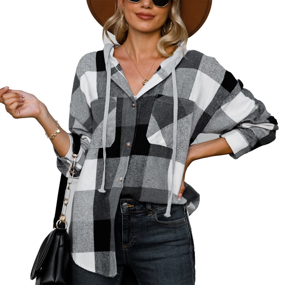 Womens Hooded Shirt Plaid Style Long Sleeve Button Up Polyester Fiber Womens Hooded Jacket for Office Dating Street Black White L