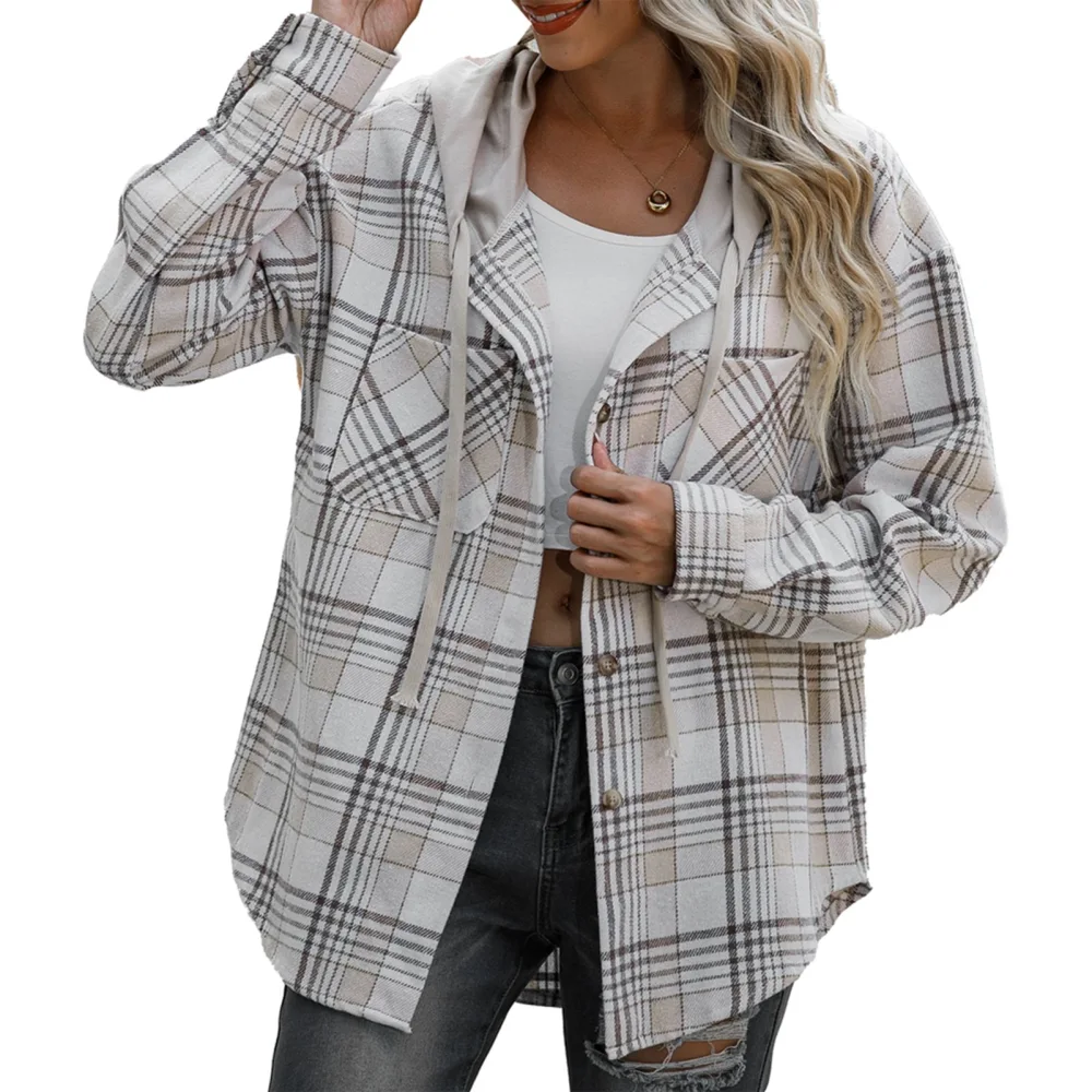 Womens Hooded Shirt Plaid Style Long Sleeve Button Up Polyester Fiber Womens Hooded Jacket for Office Dating Street Beige S