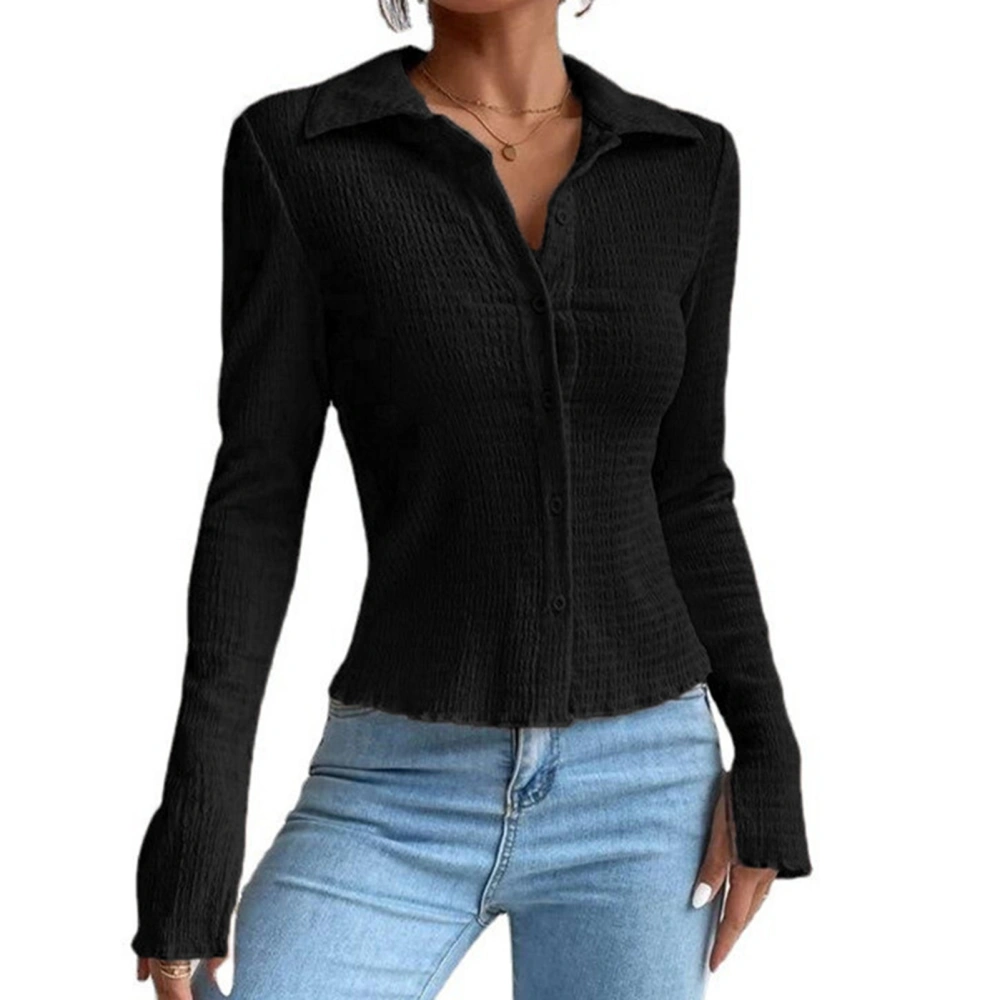 Women Long Sleeve Top Single Breasted Split Cuff Pure Color Slim Fit Turn Down Collar Open Front Shirt Black XXL