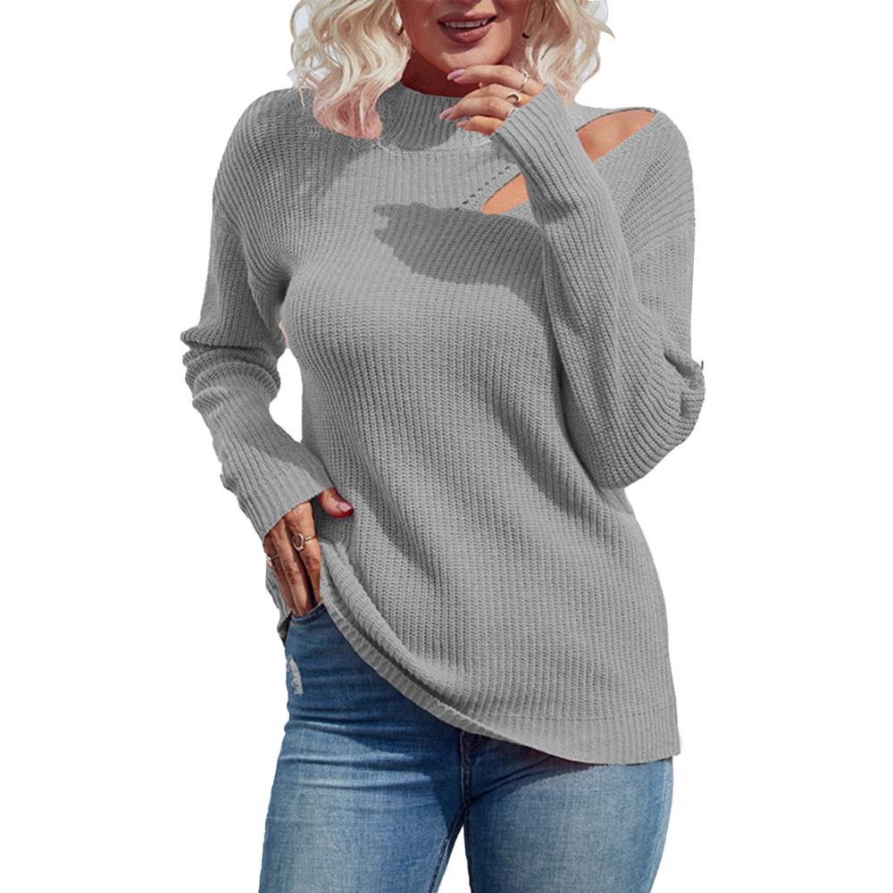 Women Sweater Cutout Cold Shoulder Half Collar Pure Color Lady Knit Pullover Top for Autumn Winter Gray S