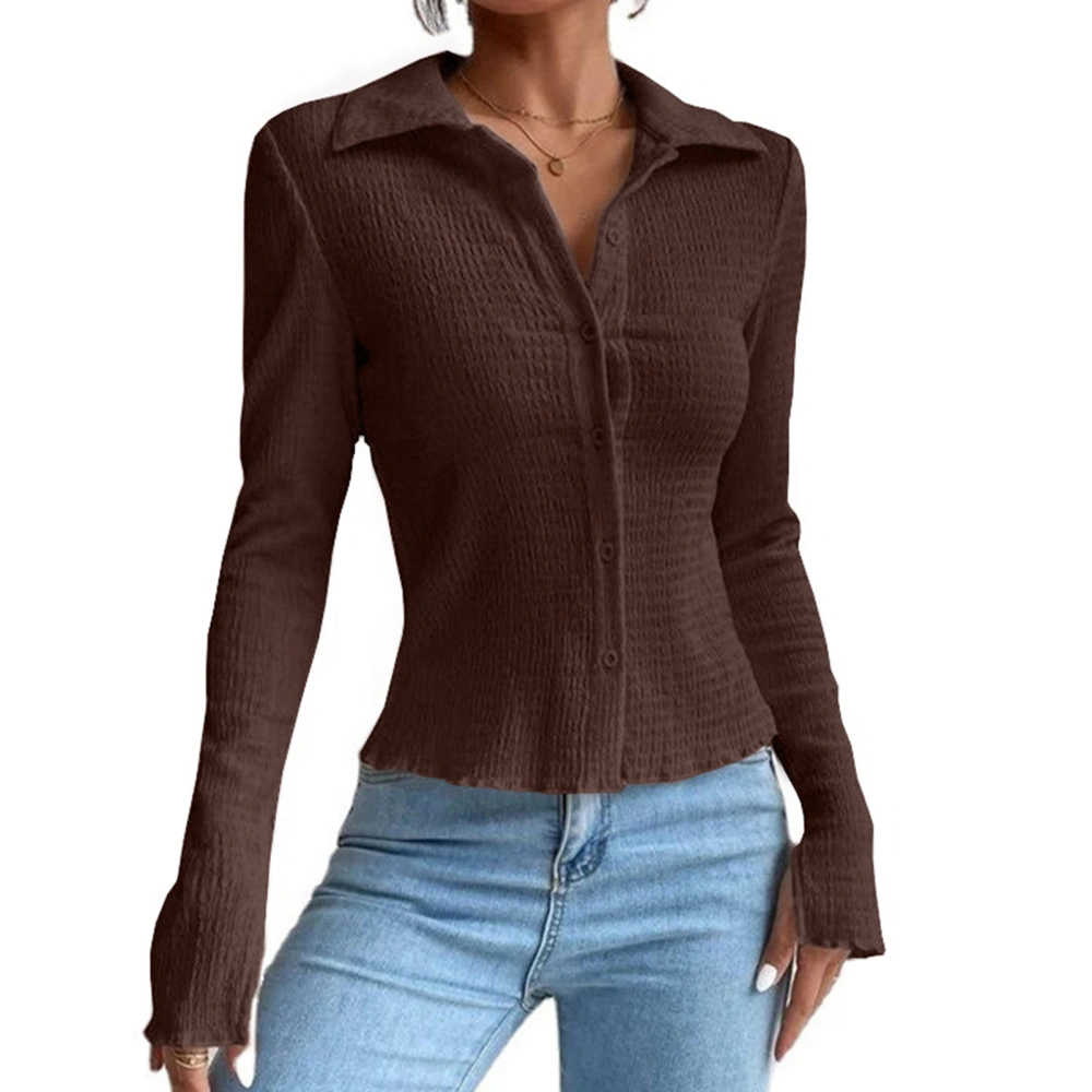 Women Long Sleeve Top Single Breasted Split Cuff Pure Color Slim Fit Turn Down Collar Open Front Shirt Dark Brown 3XL