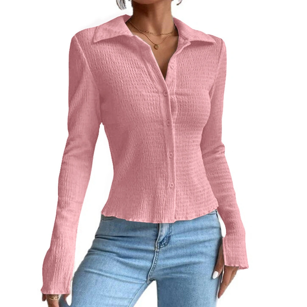 Women Long Sleeve Top Single Breasted Split Cuff Pure Color Slim Fit Turn Down Collar Open Front Shirt Pink XXL