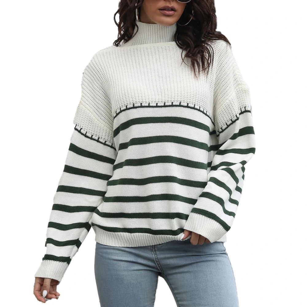 Sweater High Neck Long Sleeves Loose Type Stripe Comfortable Casual Women Pullover for Fall Winter Green Stripe L