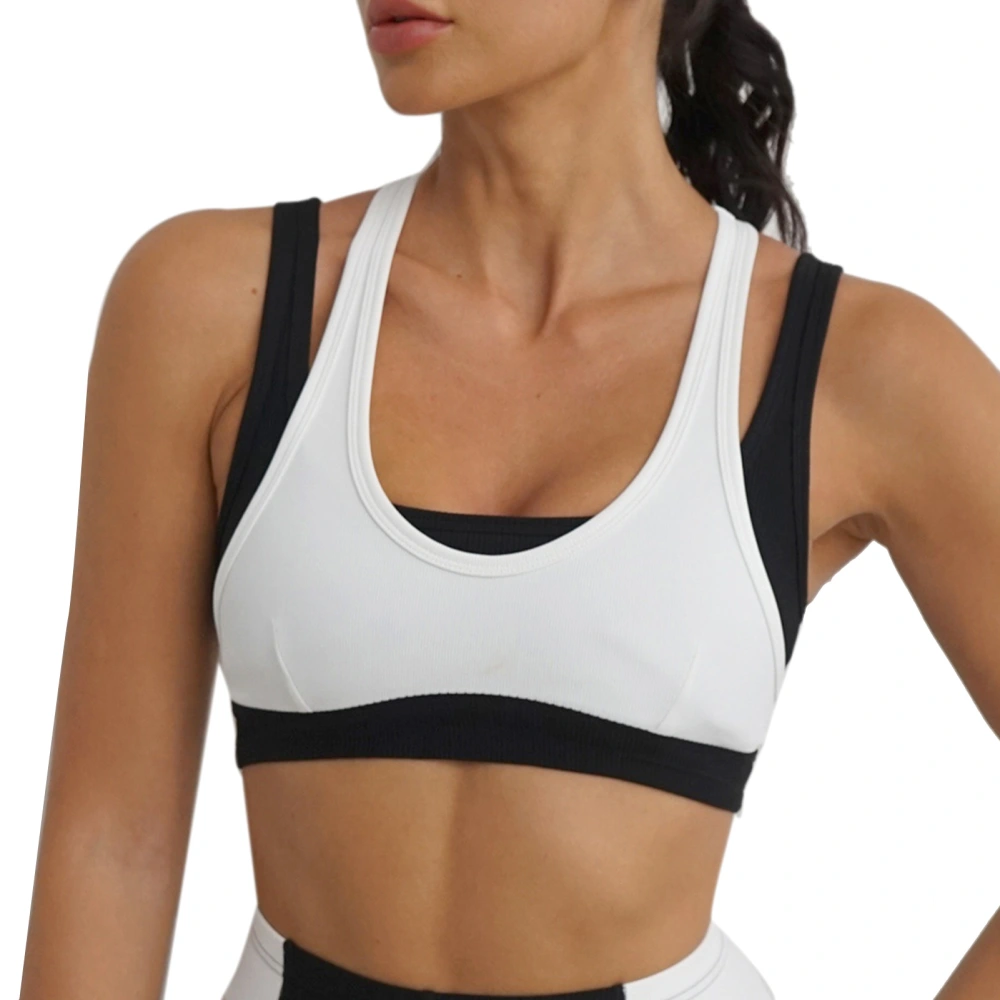 Women Yoga Bra U Neck Color Contrast Straps Y Shape Back Sports Support Bra with Chest Pad White Black S