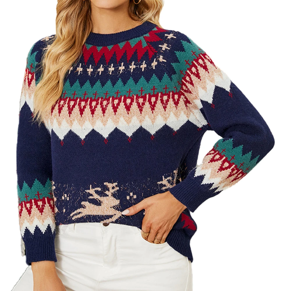 Christmas Sweater Round Neck Comfortable Women Long Sleeve Sweater for School Vacation Dating Shopping Navy Blue L