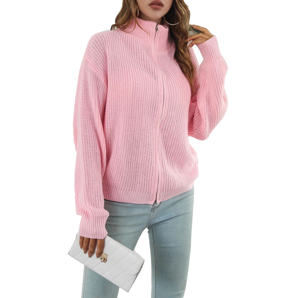 Women High Collar Knit Sweater Stylish Breathable Zipper Closure Loose Female High Neck Zip Sweater Pink L