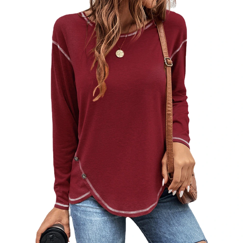 Women T Shirt with Irregular Hem Crew Neck Button Design Long Sleeve Top for Indoor and Outdoor Wine Red XL