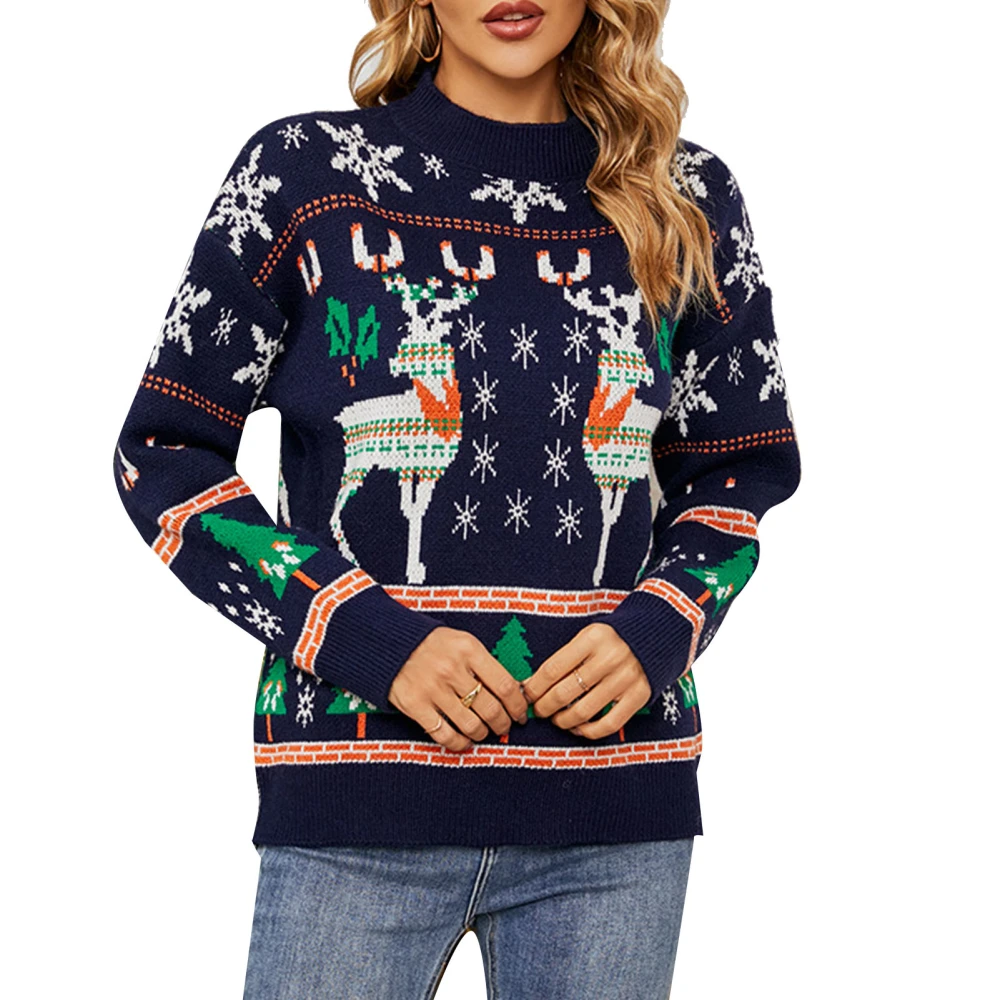 Women Christmas Sweater Round Neck Cute Reindeer Snowflake Tree Pattern Light Warm Acrylic Christmas Knit Pullover Top Dark Blue S