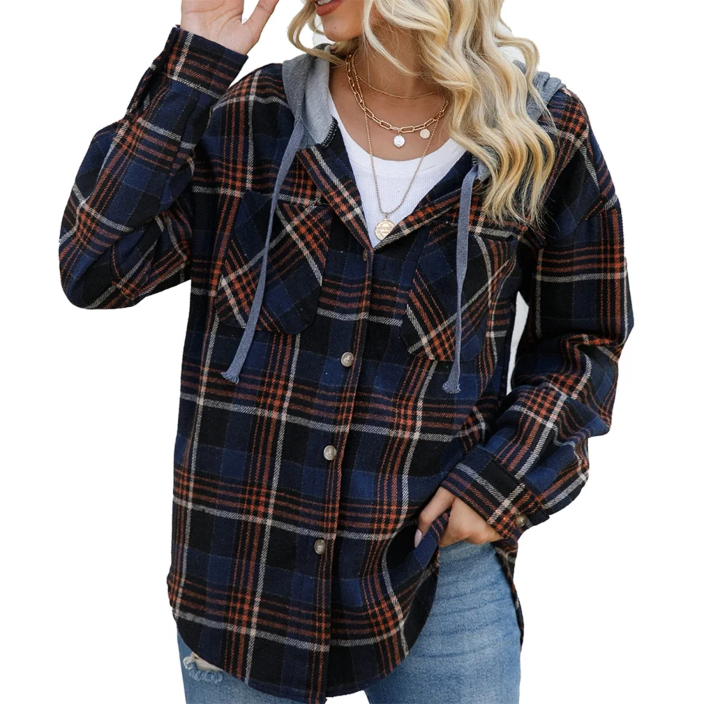 Womens Hooded Shirt Plaid Style Long Sleeve Button Up Polyester Fiber Womens Hooded Jacket for Office Dating Street Blue L