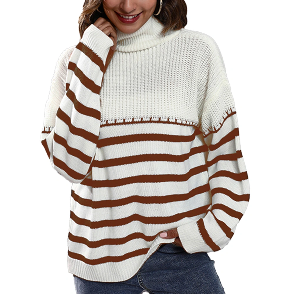 Sweater High Neck Long Sleeves Loose Type Stripe Comfortable Casual Women Pullover for Fall Winter Coffee Stripe L