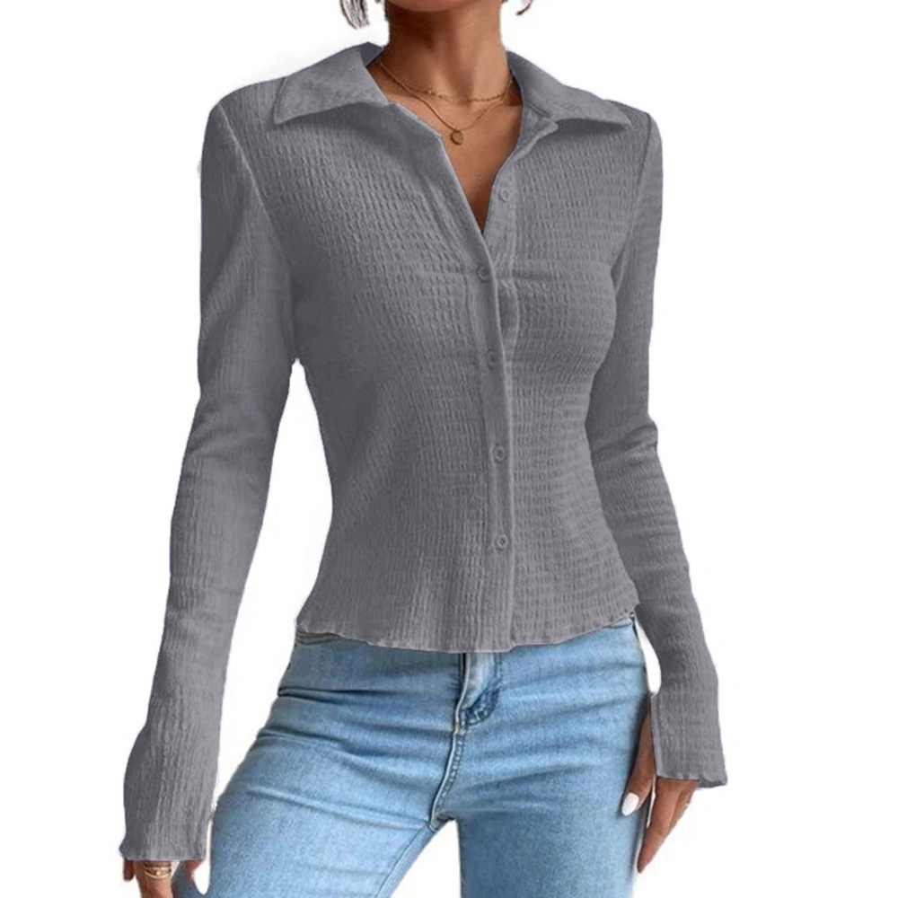 Women Long Sleeve Top Single Breasted Split Cuff Pure Color Slim Fit Turn Down Collar Open Front Shirt Grey XL