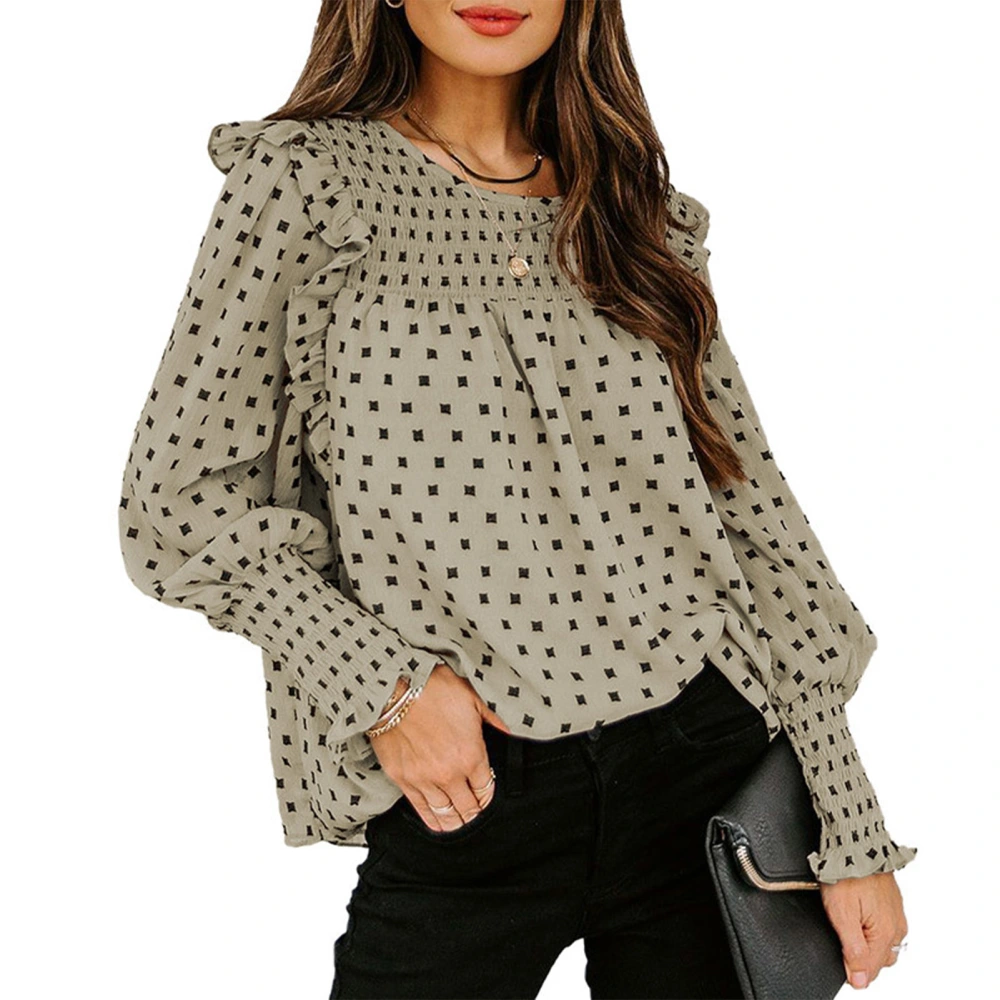 Women Shirt Puff Long Sleeve Ruffle Dot Print Blouse Comfortable for Fall Winter Khaki XXL