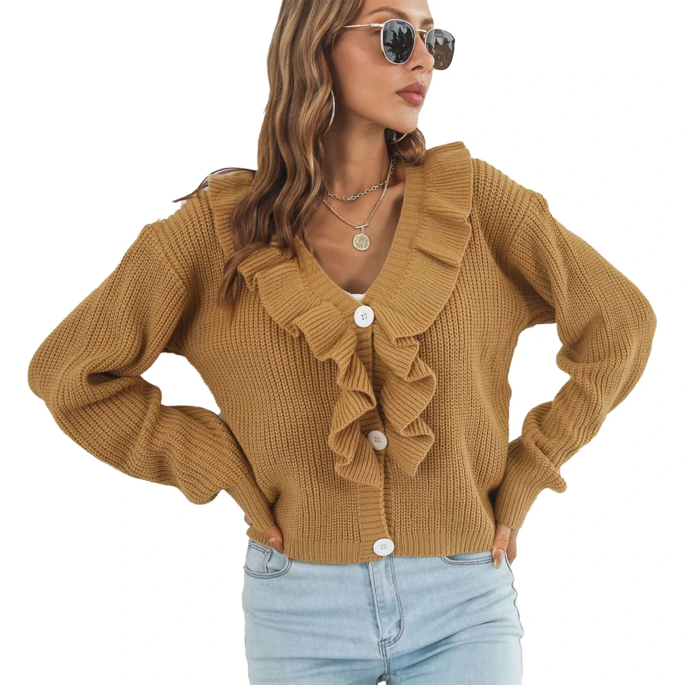 Women Ruffle Sweater V Neck Loose Comfortable Fashionable Female Knit Sweater for Working Dating Yellow M