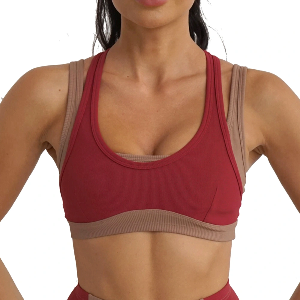 Women Yoga Bra U Neck Color Contrast Straps Y Shape Back Sports Support Bra with Chest Pad Red Brown L