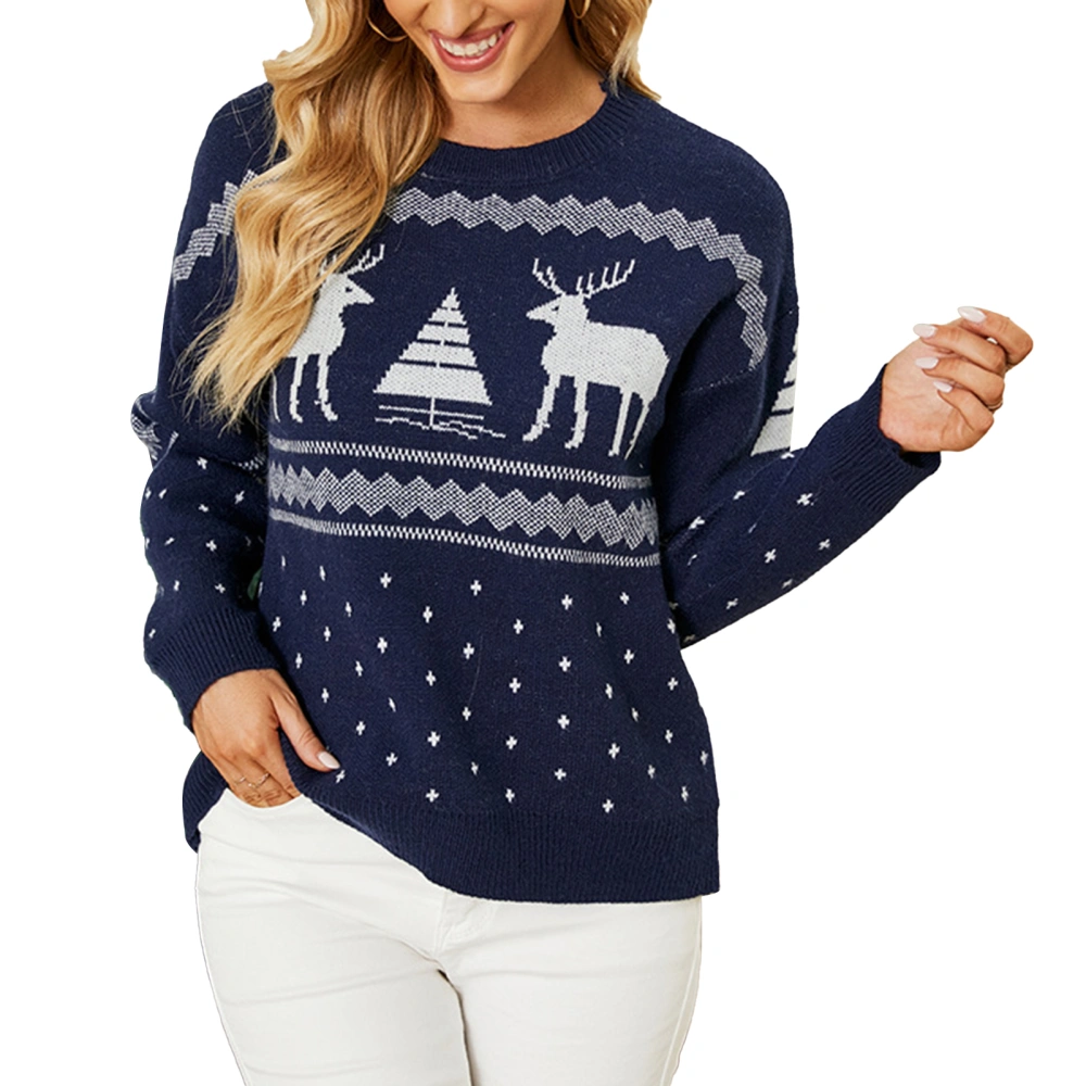 Women Christmas Sweater Reindeer Long Sleeve Crew Neck Fall Winter Pullover Knitwear for Holiday Office Dating Daily Life Dark Blue S