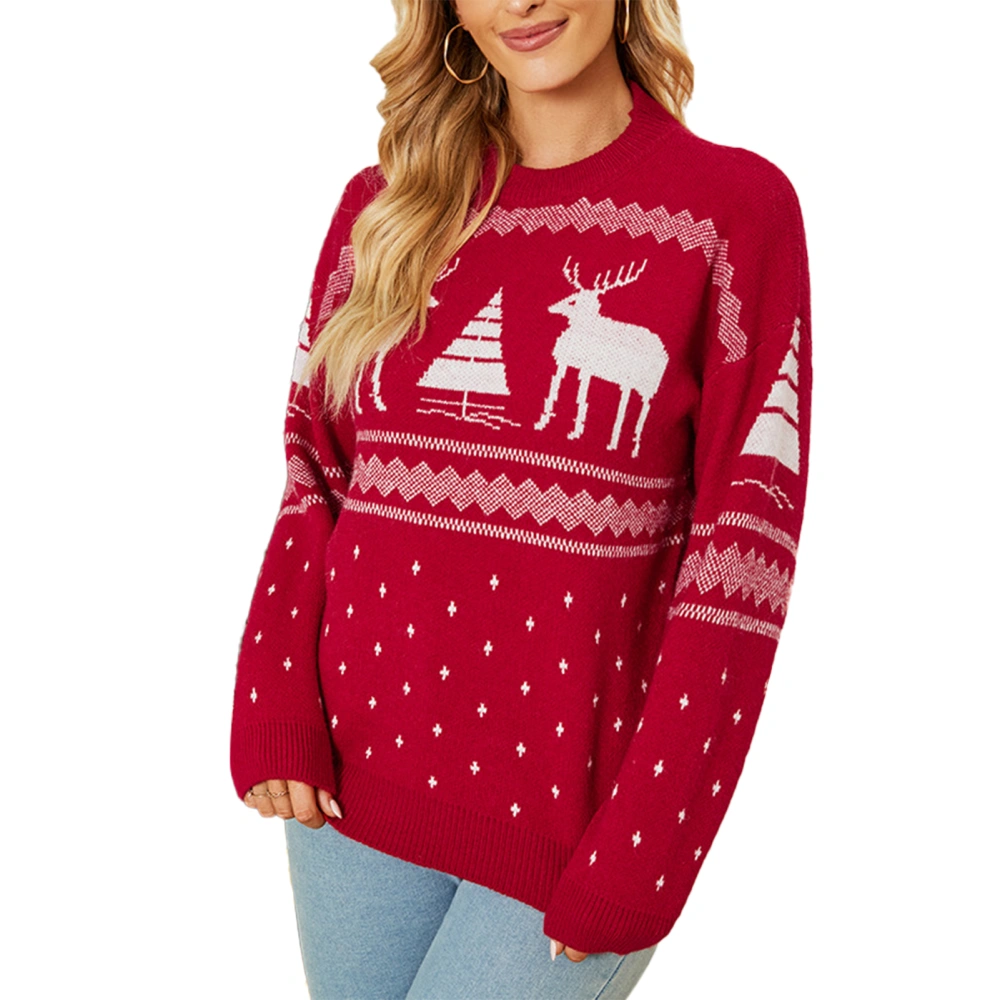 Women Christmas Sweater Reindeer Long Sleeve Crew Neck Fall Winter Pullover Knitwear for Holiday Office Dating Daily Life Red L