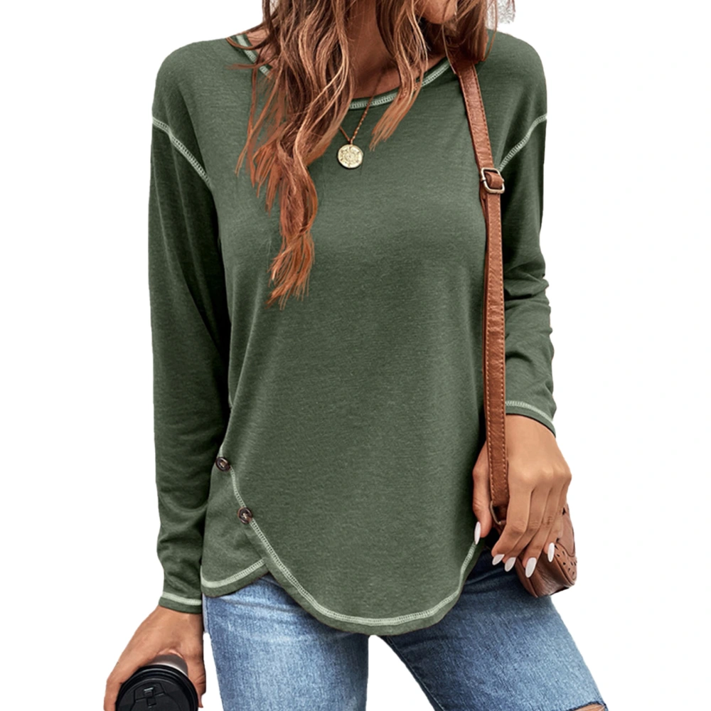 Women T Shirt with Irregular Hem Crew Neck Button Design Long Sleeve Top for Indoor and Outdoor Green S