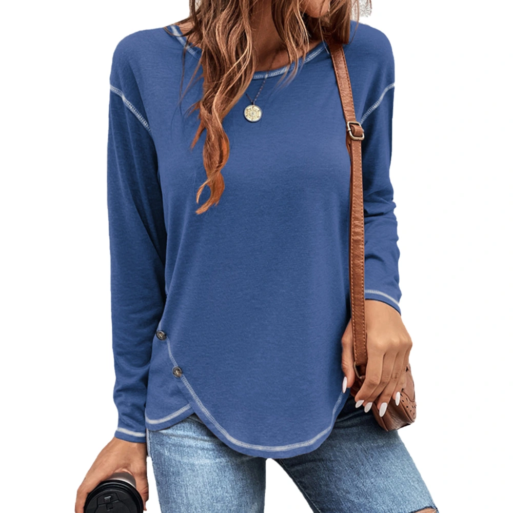 Women T Shirt with Irregular Hem Crew Neck Button Design Long Sleeve Top for Indoor and Outdoor Dark Blue S