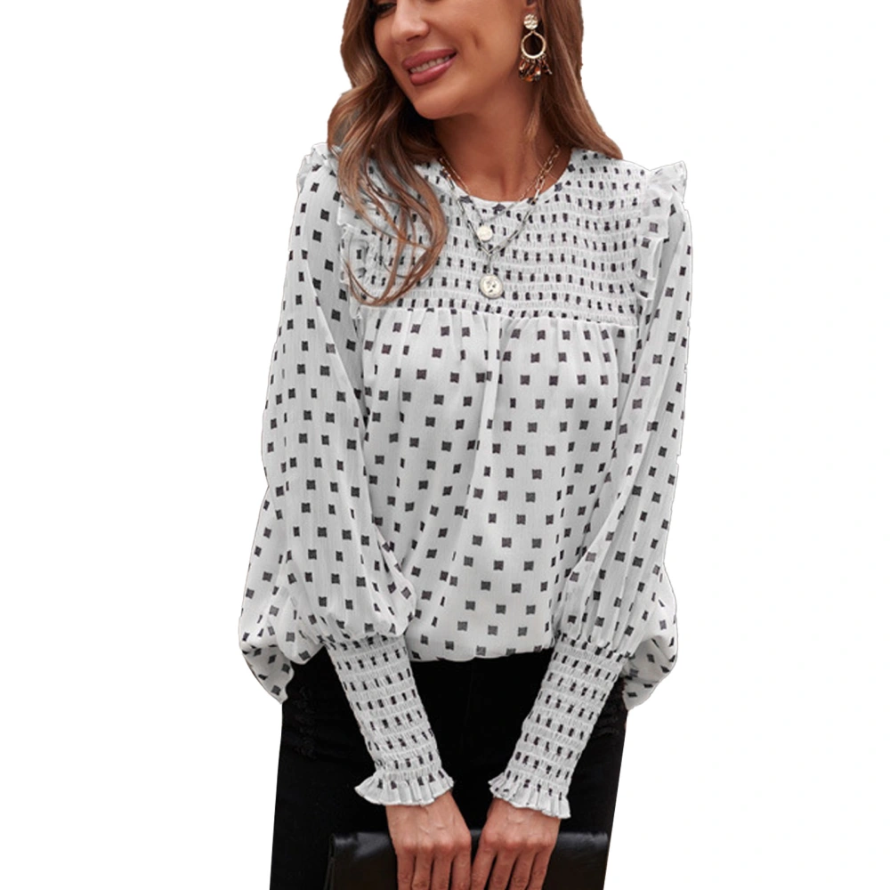 Women Shirt Puff Long Sleeve Ruffle Dot Print Blouse Comfortable for Fall Winter White L