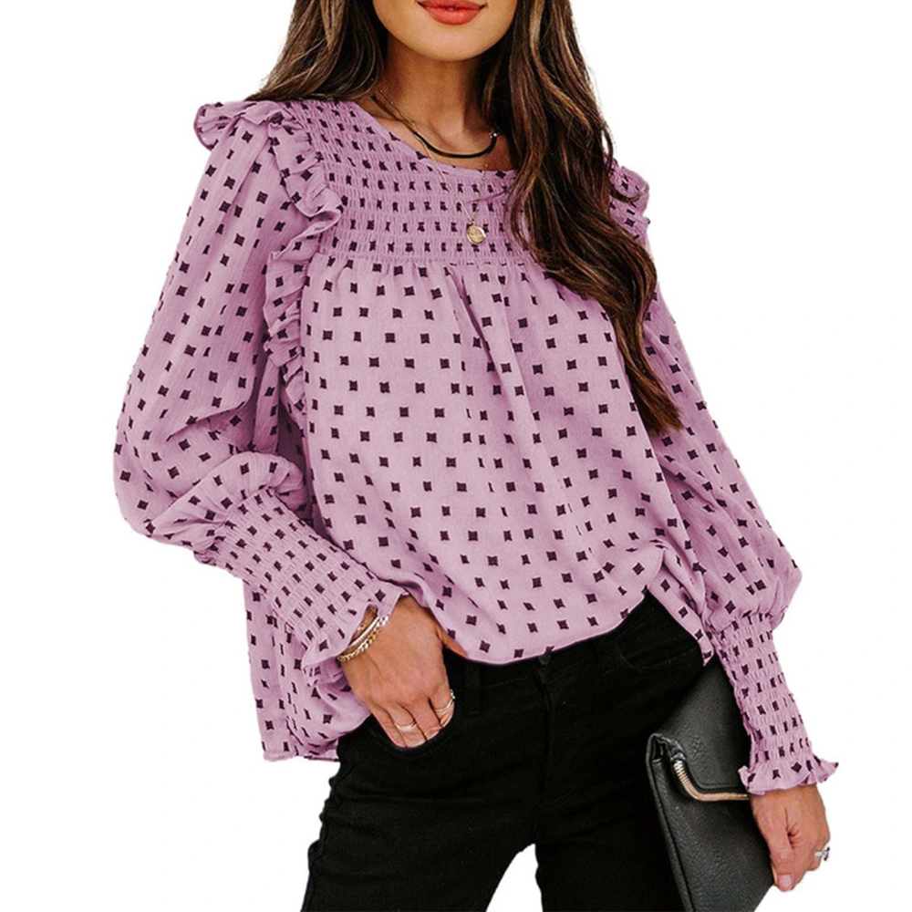 Women Shirt Puff Long Sleeve Ruffle Dot Print Blouse Comfortable for Fall Winter Pink L