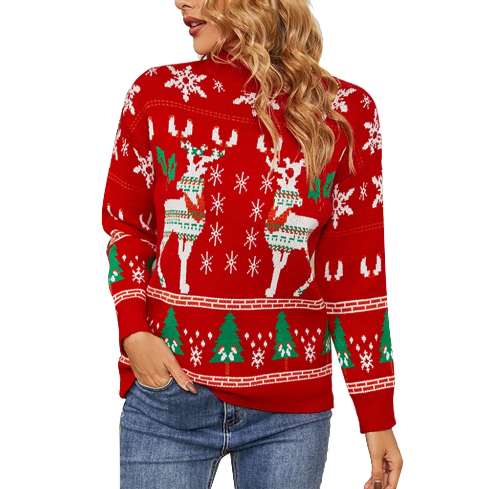 Women Christmas Sweater Round Neck Cute Reindeer Snowflake Tree Pattern Light Warm Acrylic Christmas Knit Pullover Top Red S