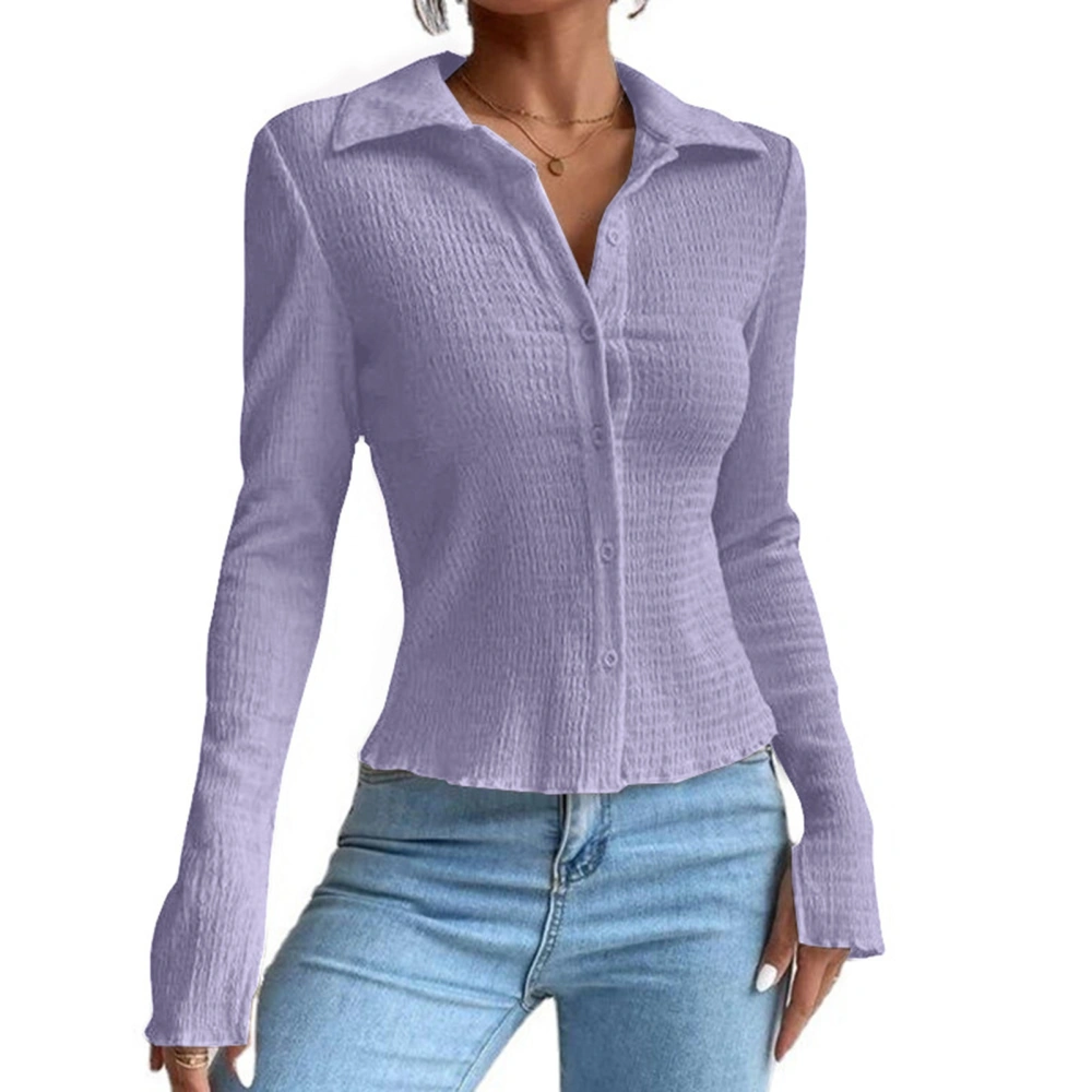 Women Long Sleeve Top Single Breasted Split Cuff Pure Color Slim Fit Turn Down Collar Open Front Shirt Purple M