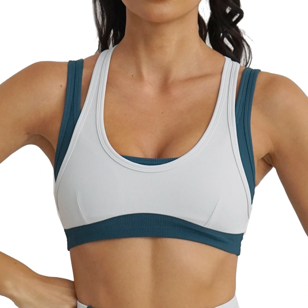 Women Yoga Bra U Neck Color Contrast Straps Y Shape Back Sports Support Bra with Chest Pad Green Grey S