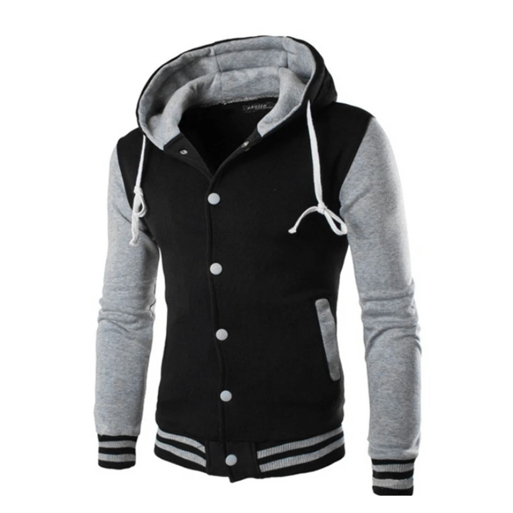 Hooded Baseball Jacket Color Contrast Button Closure Loose Fitting Side Pockets Men Coat Light Gray XXL