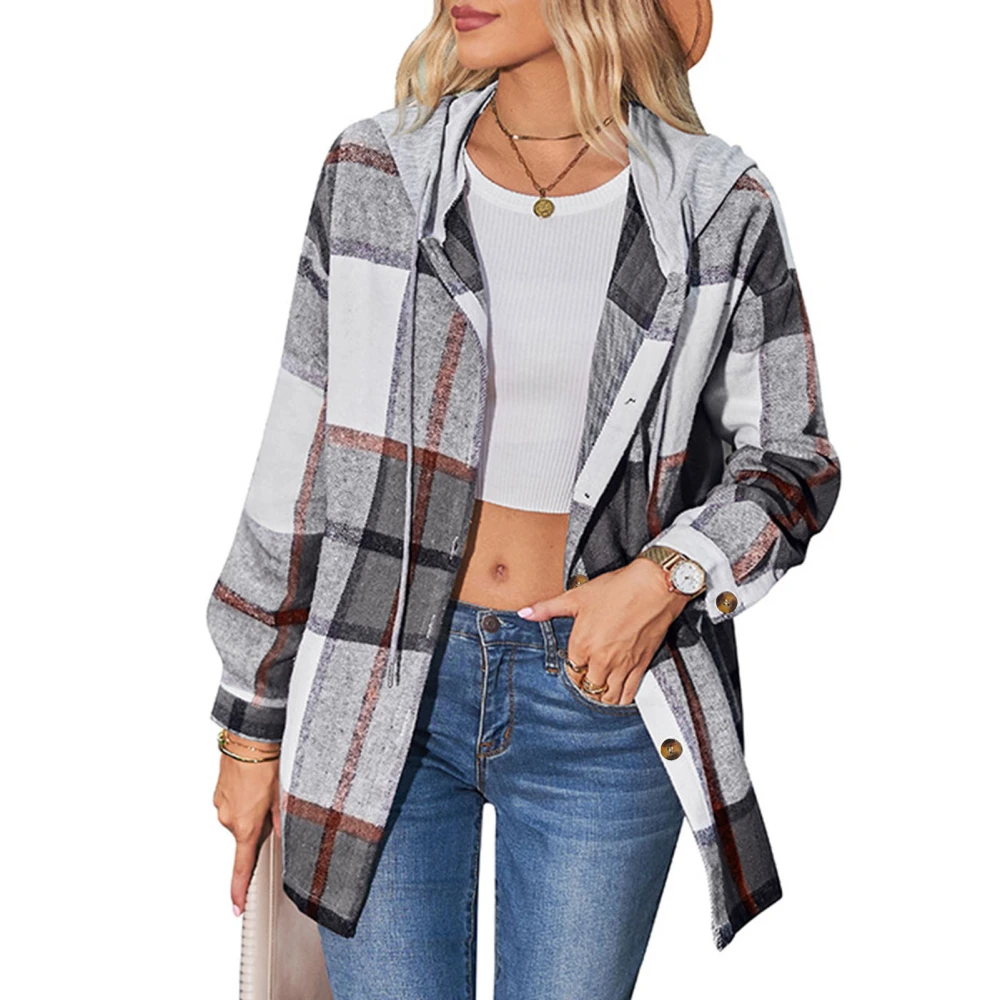 Women Plaid Coat Button Up Hooded Loose Fit Casual Fashionable Lady Shirt Jacket for Autumn Winter Black Orange S