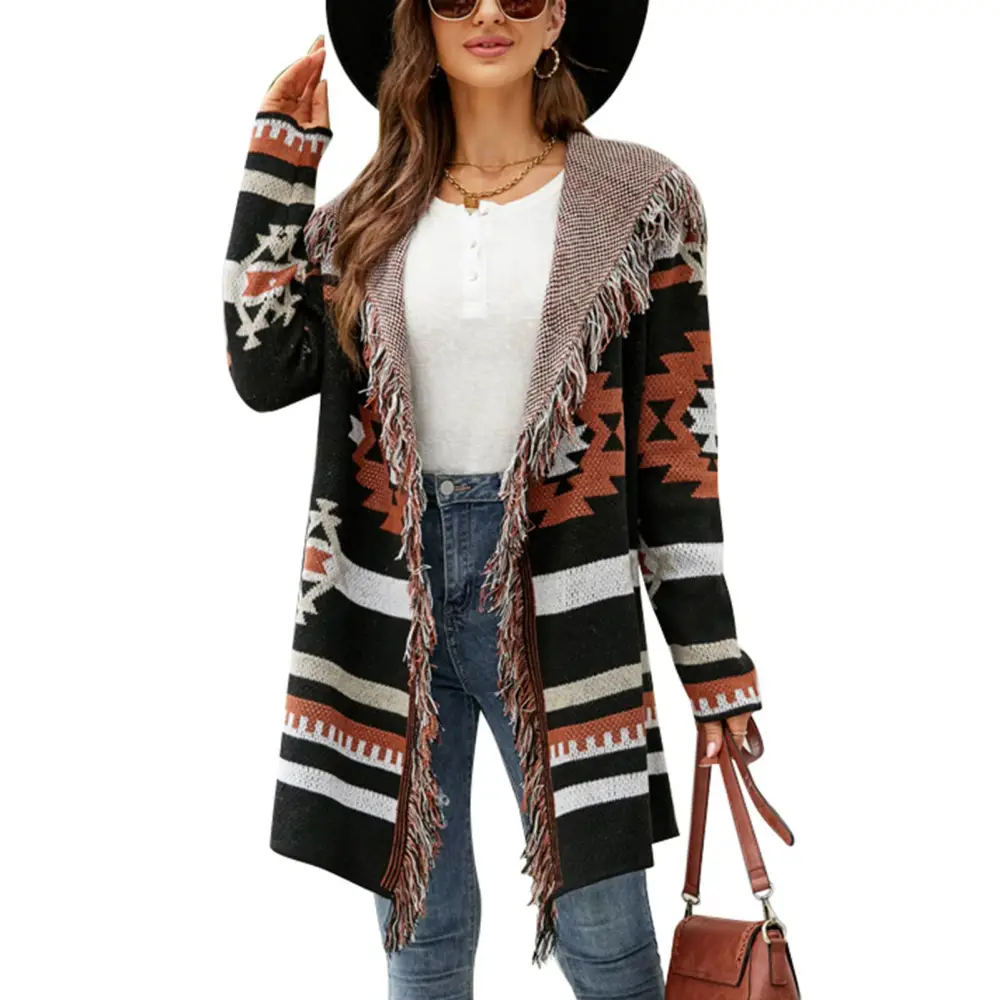 Women Open Front Knitted Sweater Tassels Hooded Geometric Pattern Loose Outerwear Coat Black XL